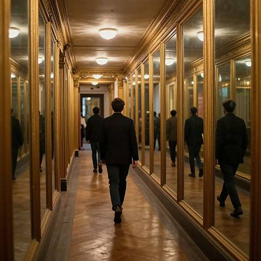 Photograph of a dimly lit, ornate hallway with gold-framed mirrors reflecting silhouetted figures, one man in dark clothes walking away