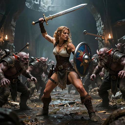 Digital fantasy artwork: Brave, muscular woman with blonde hair and white top, holding sword and shield, stands defiantly against snarling, armored or