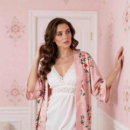 Elegant Woman Posing Against Floral Wallpaper