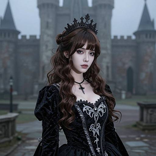 Digital artwork of a pale, young woman in a gothic black dress with intricate lace, crown, and cross necklace, standing in front of a medieval