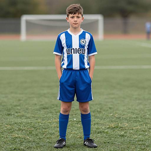 Photograph of a young boy standing on a soccer field, wearing a blue and white striped soccer jersey, blue shorts, and socks, with black cle