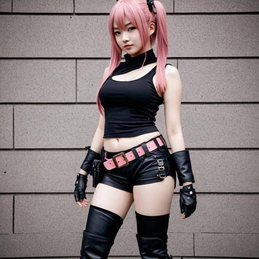 Cosplay Woman in Black Outfit with Pink Hair
