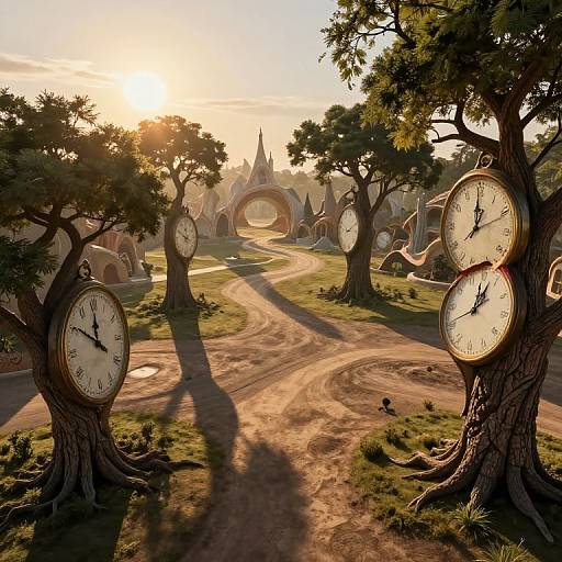 Photorealistic digital art: Sunset over a fantasy village with clock-faced trees, winding path, and distant Gothic arches, casting long shadows.
