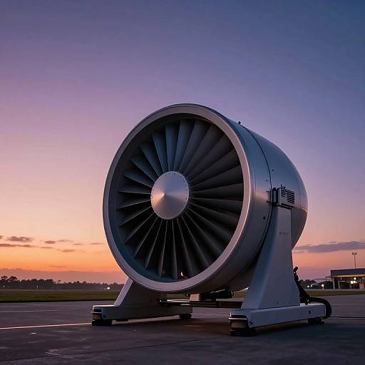Photograph of a large jet engine on a tarmac at sunset, with a purple and orange sky, and silhouetted ground.