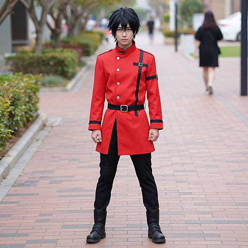 Photograph of anime-style cosplayer with black spiky hair, red military-style coat, black pants, and boots, standing on a brick-paved