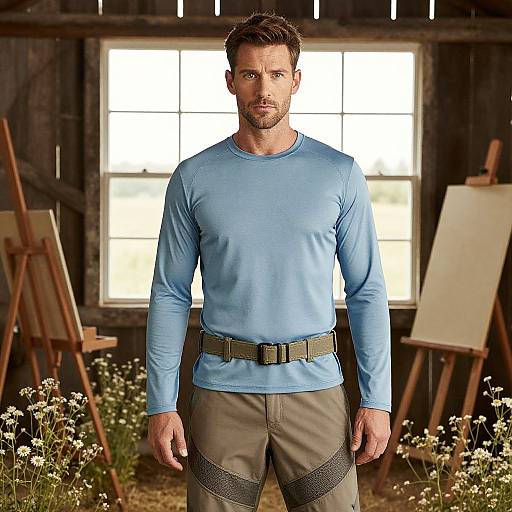 Photograph of a muscular, bearded man in a light blue long-sleeve shirt and beige pants, standing in a rustic studio with easels