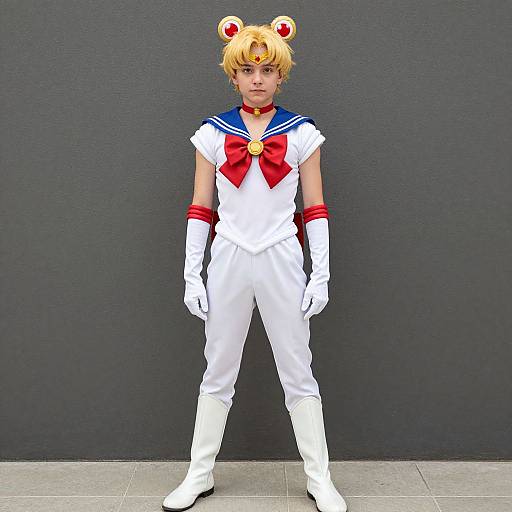 Photograph of a young person in a Sailor Moon cosplay outfit, standing against a dark gray wall, with blonde hair in twin buns and red,
