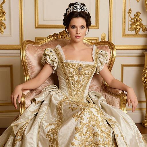 Photograph of a beautiful woman with fair skin and dark hair, wearing an ornate, cream and gold, baroque-style ball gown, seated on