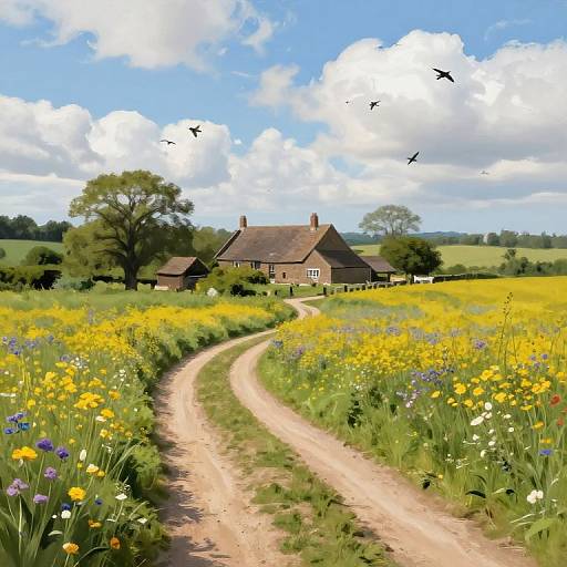 Photograph of a picturesque countryside: dirt path leading to a charming brick cottage with a thatched roof, surrounded by vibrant yellow wildflowers, green fields