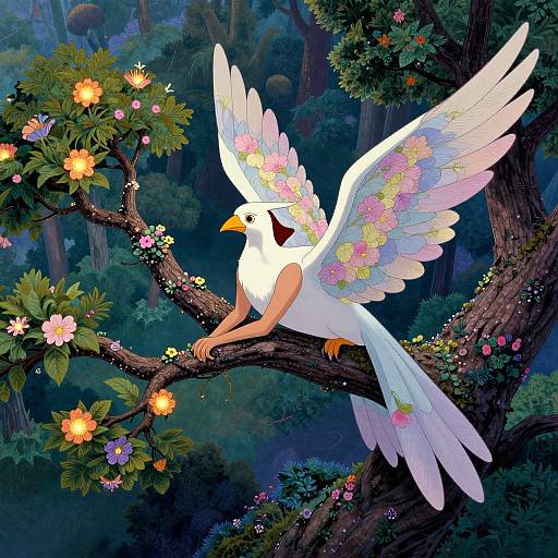 Digital art of a white bird with colorful floral wings perched on a blooming tree branch in a mystical, forested night scene.