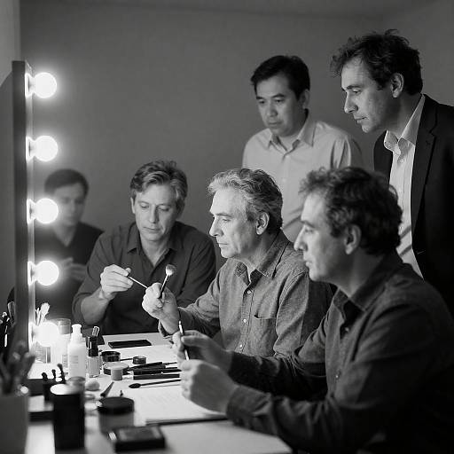 Men Applying Makeup Around Vanity Mirror