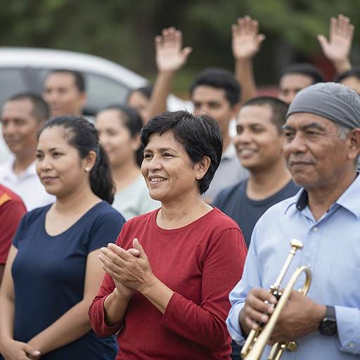 Joyful Crowd with Central Smiling Woman