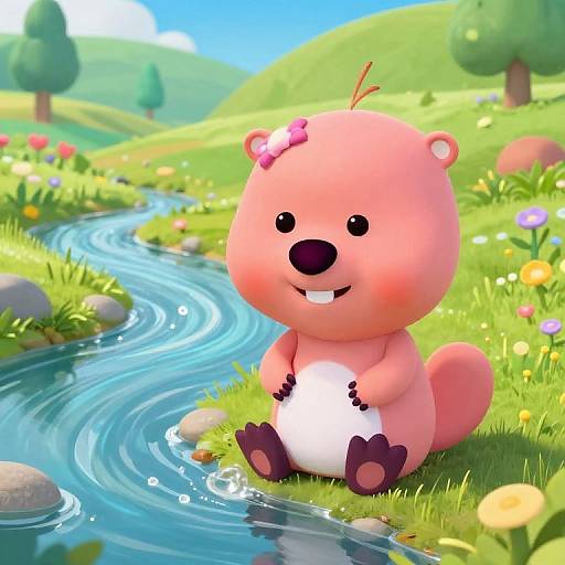 Cartoon pink beaver with flower on head, sitting by a blue flowing stream, in a bright, colorful, sunny meadow.