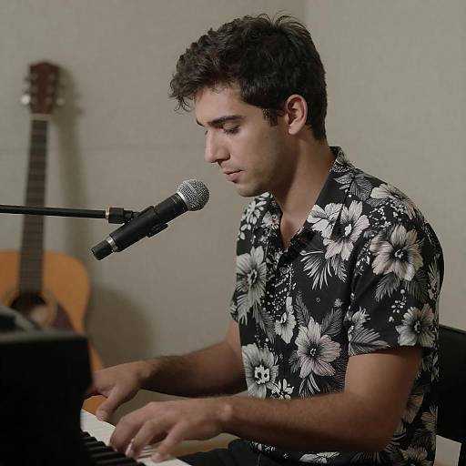 Young Man at Piano with Microphone