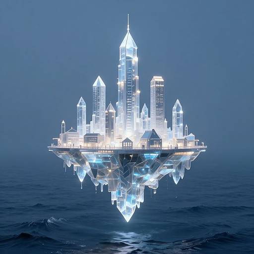 Photorealistic CGI of a glowing, futuristic skyscraper city floating on calm, reflective ocean water under a dark blue night sky.