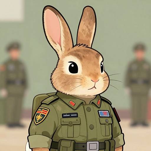 Digital drawing of an anthropomorphic rabbit in a green military uniform with badges, standing in a blurred room with two soldiers.