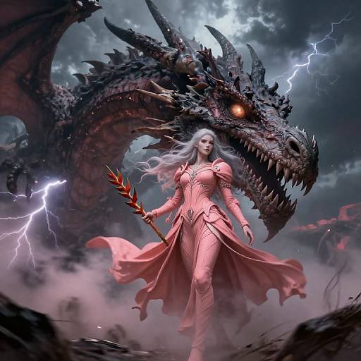 Digital fantasy artwork: A fierce white-haired woman in pink armor stands confidently against a dark, lightning-illuminated dragon, holding a red-spiked