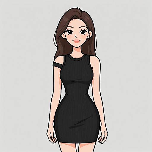 Digital anime-style drawing of a smiling woman with long brown hair, wearing a form-fitting black dress, standing against a plain white background.