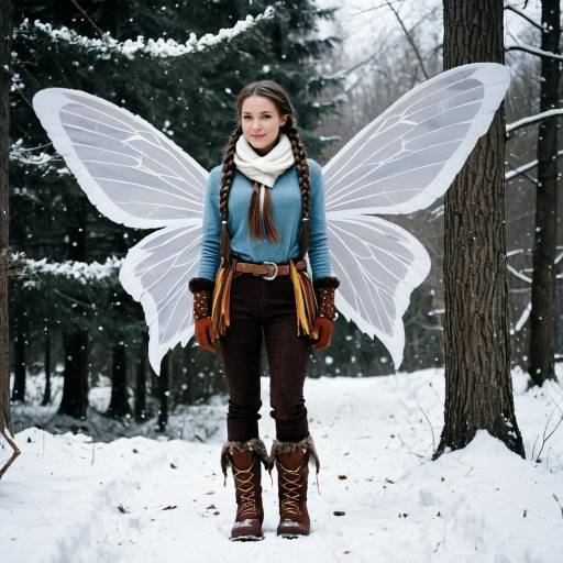 Young Woman in Fairy Costume with Wings in Snowy Forest