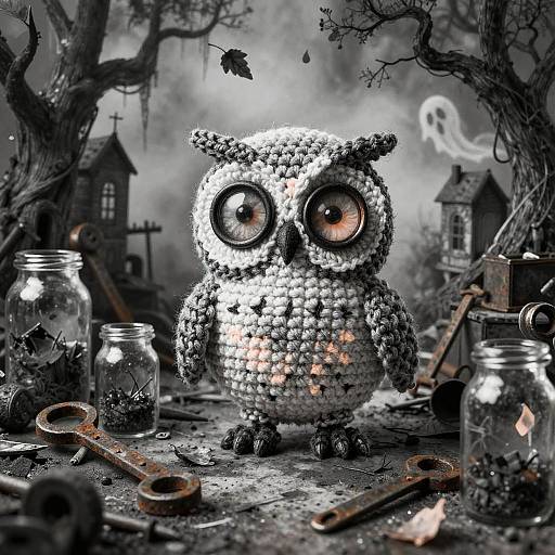 Digital artwork of a textured, sparkling owl with large, glowing eyes, surrounded by jars, rusty tools, and a spooky graveyard backdrop.