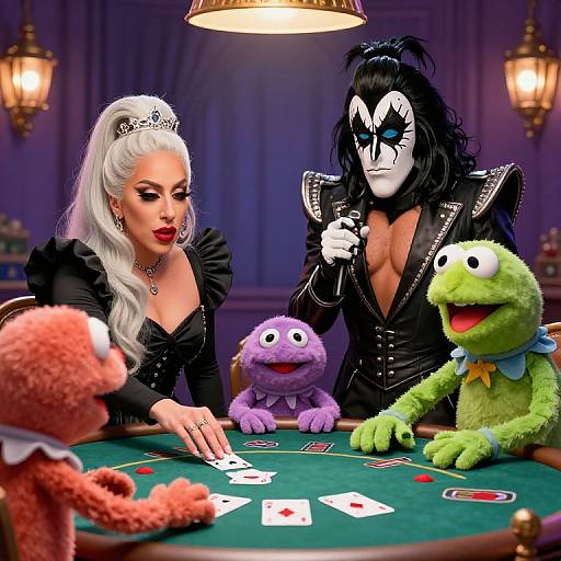 Digital art of a poker game with a white-haired woman, black-masked man, and Muppets, including Kermit, under purple lighting.