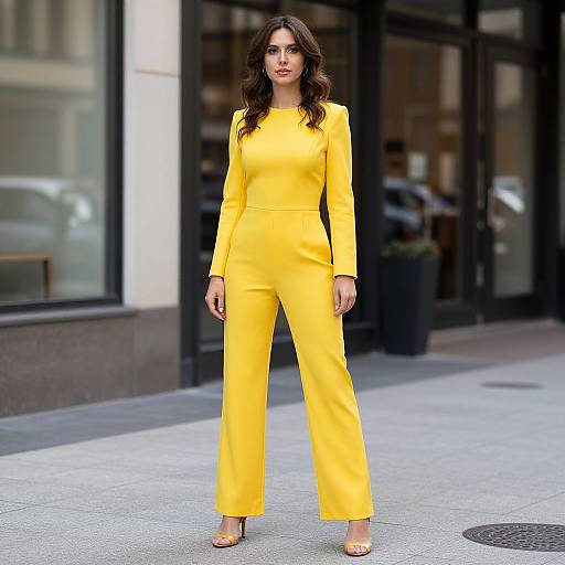 Photograph of a confident woman with long brown hair in a vibrant yellow, long-sleeve, wide-leg pant suit, standing on a city sidewalk