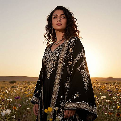 Photograph of a curly-haired woman in an ornate black traditional dress, standing in a colorful wildflower field at sunset.
