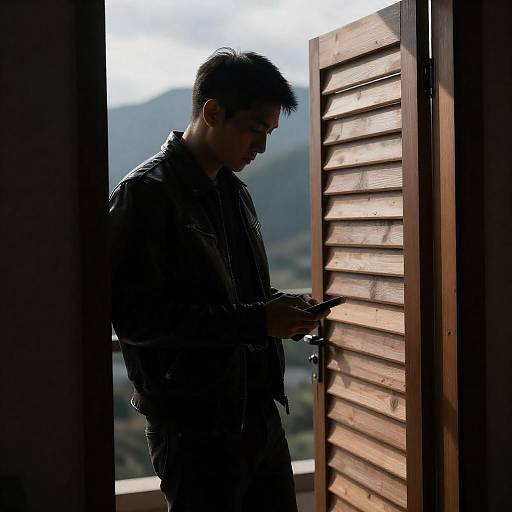 Silhouetted Man in Doorway with Mountains