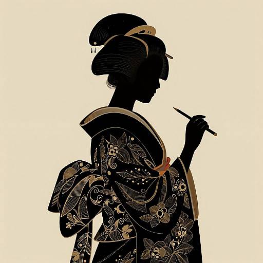 Silhouette of a Japanese woman in a floral kimono, holding a pipe, with detailed patterns and a red hairpin, against a white background.