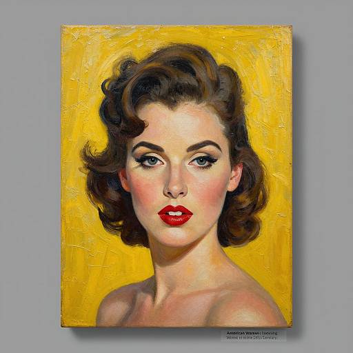 Pop art painting of a fair-skinned woman with red lipstick, dark brown wavy hair, and bold eyeliner, against a bright yellow background.