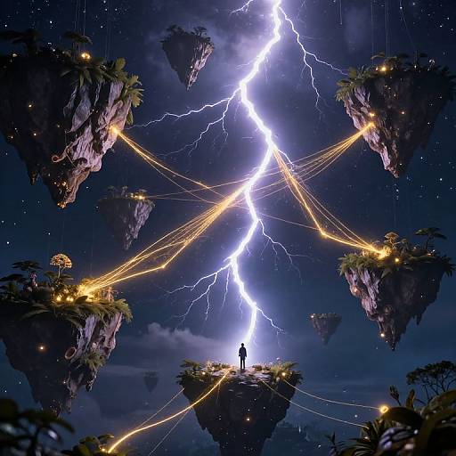 Digital artwork of a lone figure standing on a floating island, connected by glowing ropes to other rocky islands, under a bright, lightning-filled night sky.