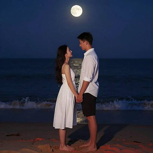 Couple holding hands under full moon, ocean backdrop, woman in white dress, man in white shirt and black shorts, night beach.