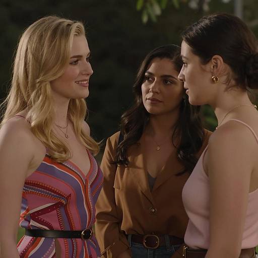 Three Women Conversing Outdoors at Night