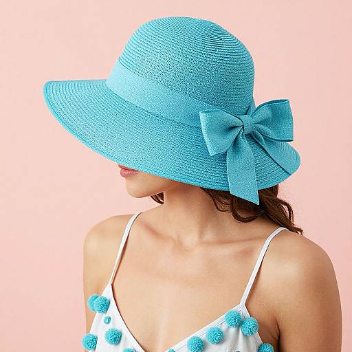 Photograph of a woman with light skin wearing a large, bright blue, wide-brimmed hat with a bow, white dress with blue pom-p
