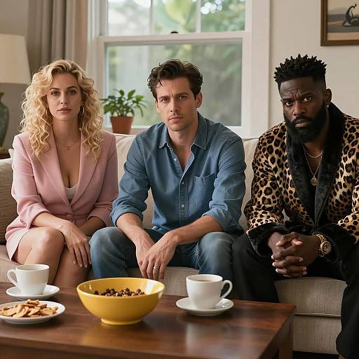 Three People Sitting on Couch in Living Room