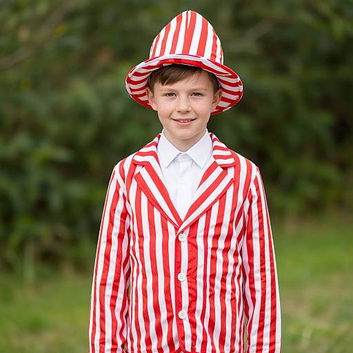 Photograph of a young boy with fair skin, brown hair, wearing a red and white striped suit and hat, standing in a green, blurred outdoor