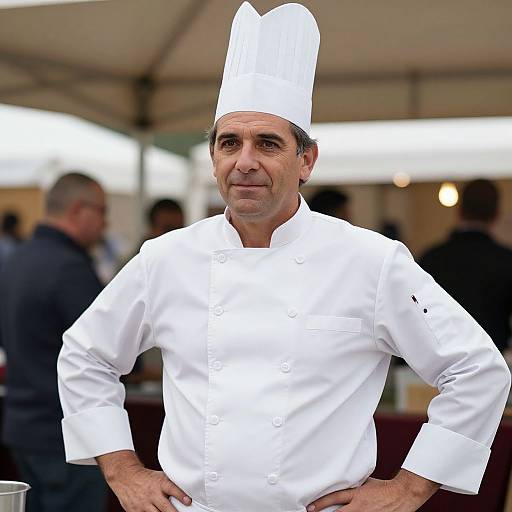 Photograph of a middle-aged male chef with olive skin, wearing a tall white hat and double-breasted white chef's jacket, standing confidently with hands