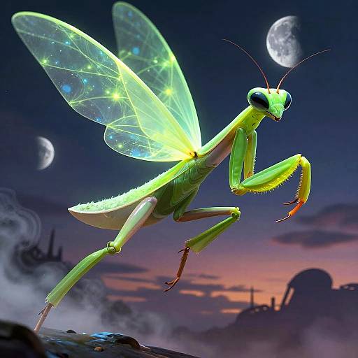 Digitally rendered neon-green praying mantis with glowing wings, standing on a misty rock under a twilight sky with crescent moons.