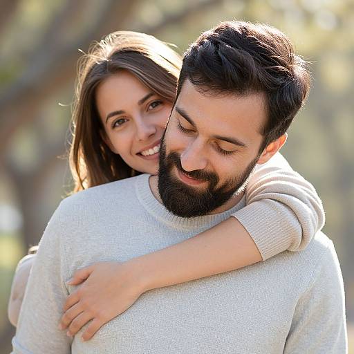 Photograph of a smiling couple with light brown hair, embracing outdoors. Both wear white sweaters, her arm around his neck, sunlight filtering through trees