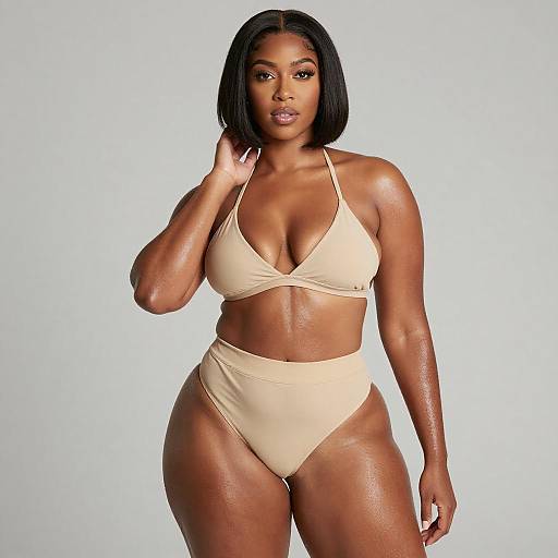 Confident Curvy Woman in Beige Bikini