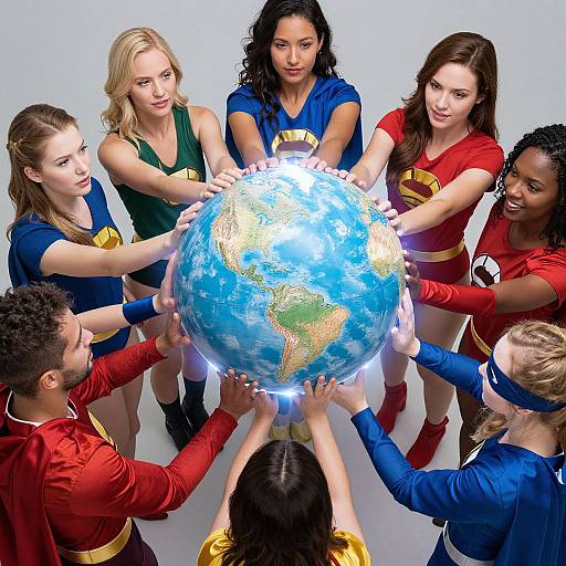 Photograph of diverse superheroes in colorful costumes holding a glowing, illuminated Earth globe together in a circle, symbolizing unity and global cooperation.