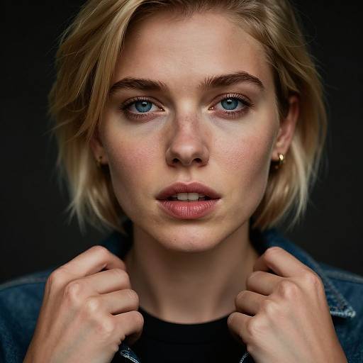 Close-up photograph of a blonde woman with blue eyes, light skin, and short hair, gripping her collar with a focused expression against a dark background.