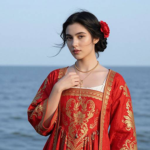 Photograph of a young Asian woman with fair skin, black hair in a bun, red floral dress, gold embroidery, red flower hairpin, necklace