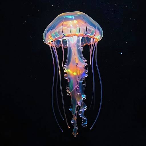 Photograph of a glowing jellyfish with translucent, colorful bell and long, flowing tentacles against a dark, starry background.