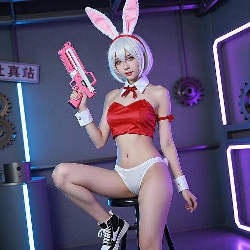Neon Cosplayer with Pink Bunny Ears