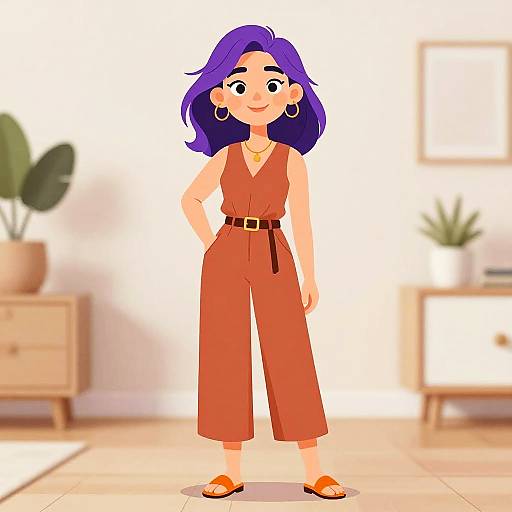 Cartoon-style digital drawing of a smiling woman with purple hair, wearing an orange jumpsuit, brown belt, orange sandals, and hoop earrings, standing