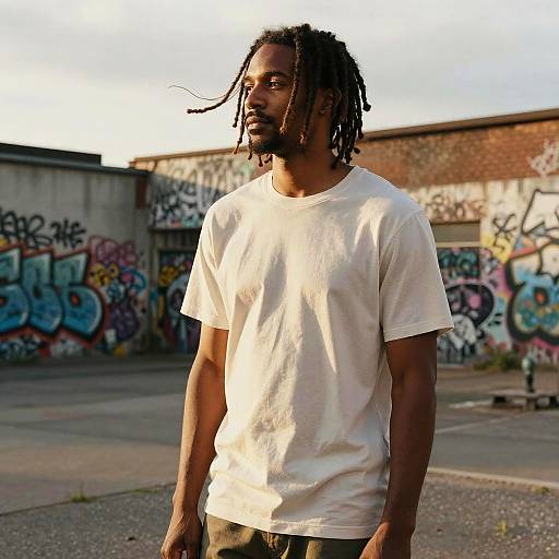 Photograph of a Black man with dreadlocks, wearing a white t-shirt, standing in a graffiti-covered urban alley at sunset.