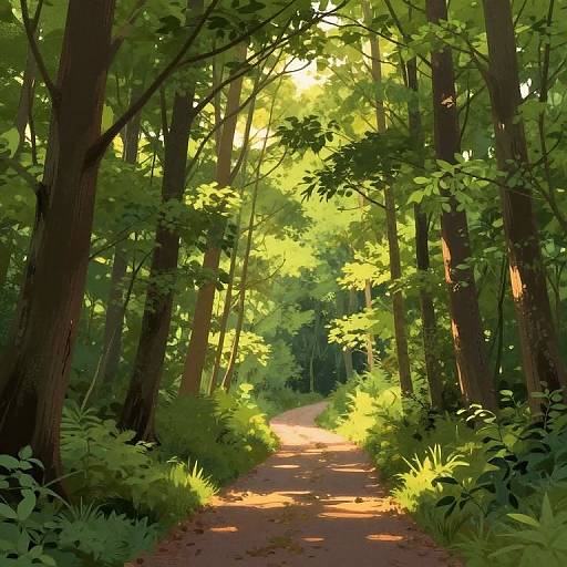 Digital illustration of a sunlit forest path, dappled with light, surrounded by tall trees and lush green foliage. Warm, golden sunlight filters through