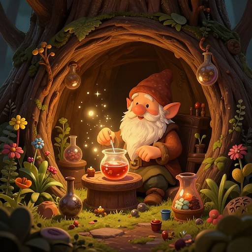 Fantastical digital illustration of a bearded gnome in a wooden treehouse, mixing glowing potion under warm light, surrounded by colorful flowers and magical bottles