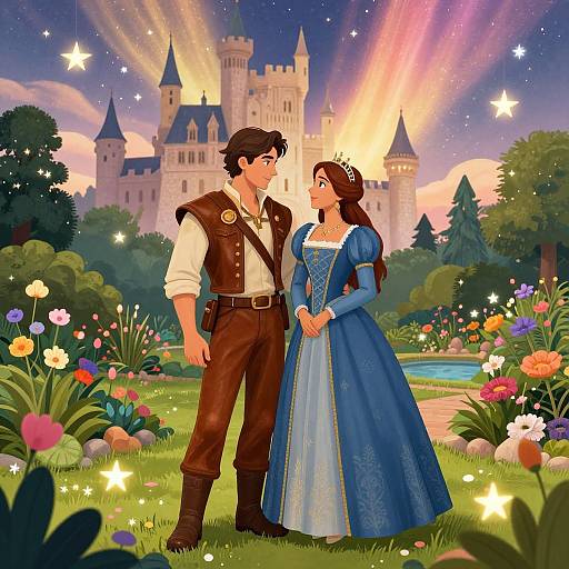 Digital illustration of a handsome man in brown vest and pants, and a beautiful woman in blue dress, standing in a colorful garden with a glowing castle in